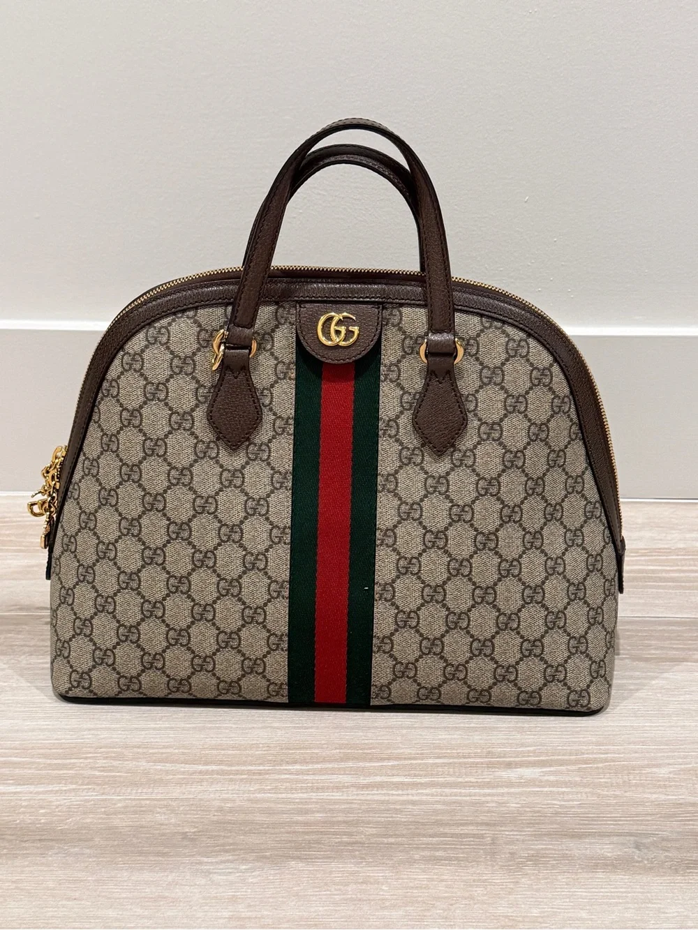 Gucci Brown/Beige GG Canvas Satchel with Green-Red Web Stripe